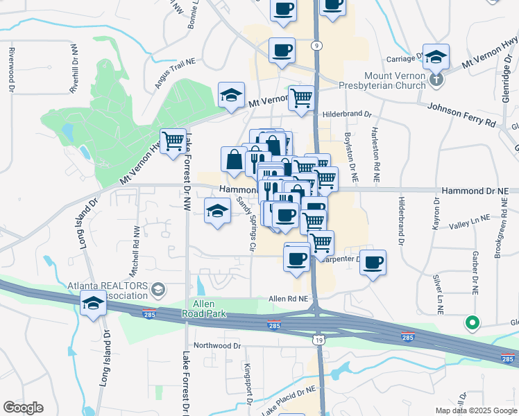 map of restaurants, bars, coffee shops, grocery stores, and more near 218 Le Gran View Northeast in Atlanta
