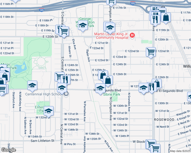 map of restaurants, bars, coffee shops, grocery stores, and more near 12609 Slater Avenue in Compton