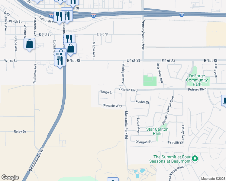 map of restaurants, bars, coffee shops, grocery stores, and more near 890 Targa Lane in Beaumont