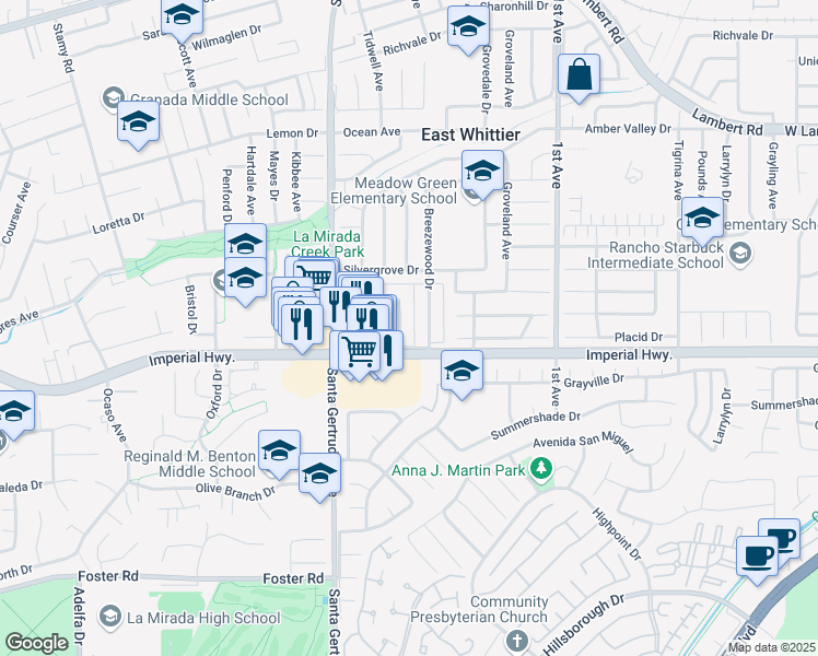 map of restaurants, bars, coffee shops, grocery stores, and more near 12406 Clearglen Avenue in Whittier