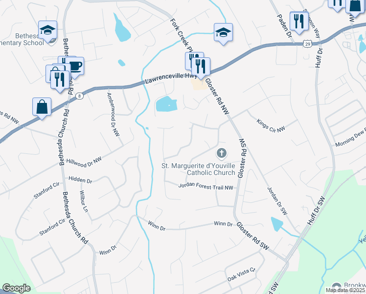 map of restaurants, bars, coffee shops, grocery stores, and more near 2857 Swarthmore Drive Northwest in Lawrenceville