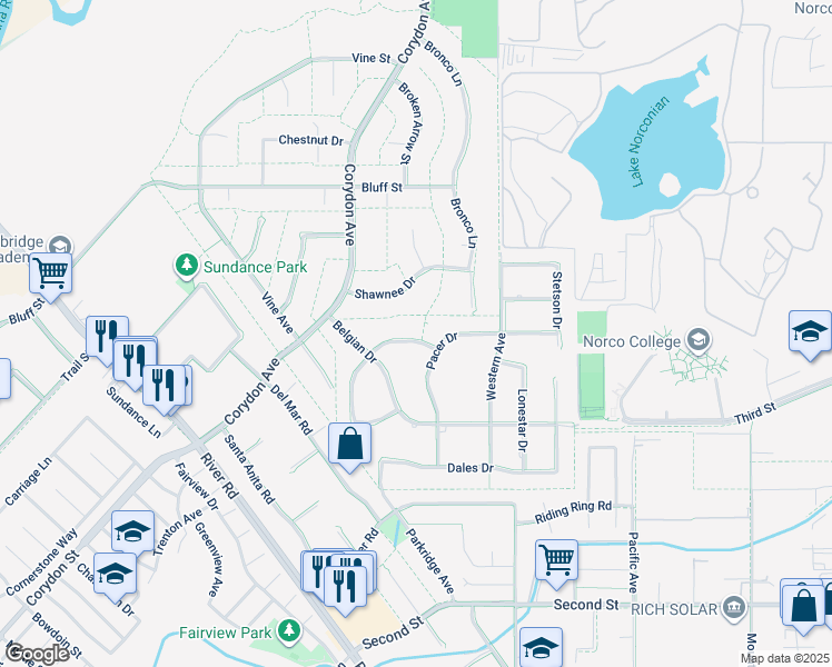 map of restaurants, bars, coffee shops, grocery stores, and more near 3407 Morgan Drive in Norco