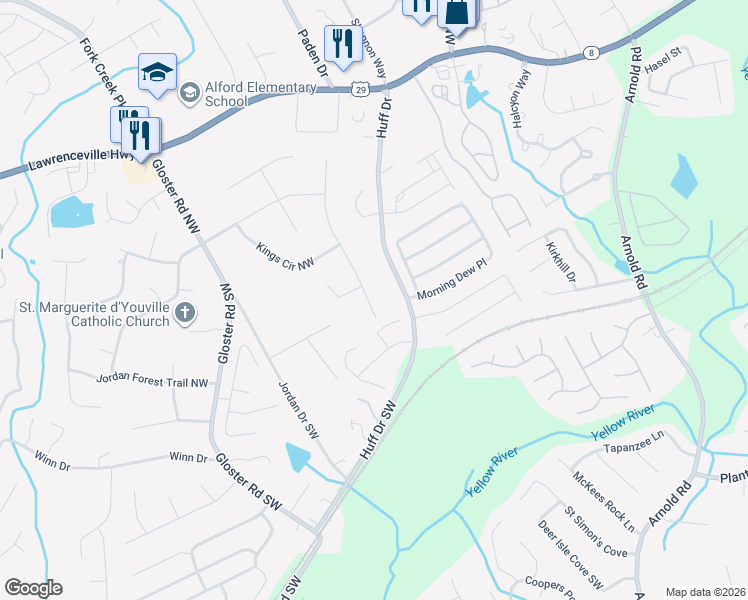 map of restaurants, bars, coffee shops, grocery stores, and more near 18 Regal Way Northwest in Lawrenceville