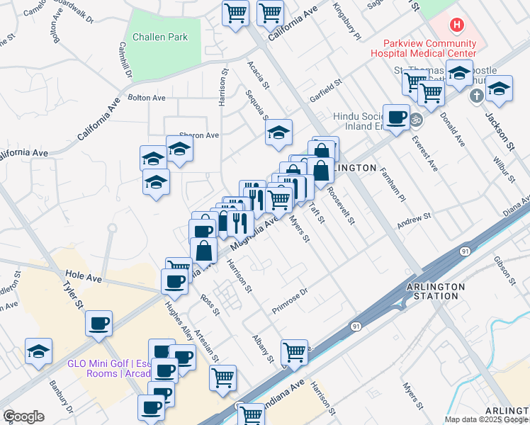 map of restaurants, bars, coffee shops, grocery stores, and more near 9741 Magnolia Avenue in Riverside