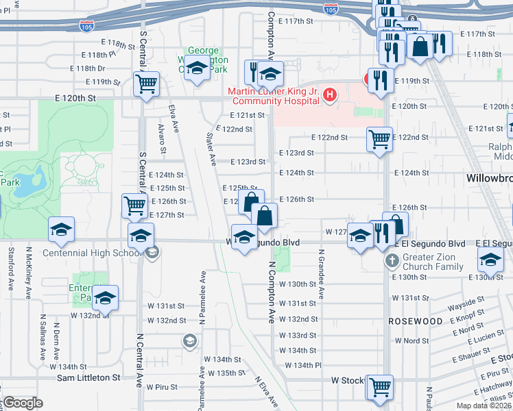 map of restaurants, bars, coffee shops, grocery stores, and more near 1528 East 126th Street in Compton