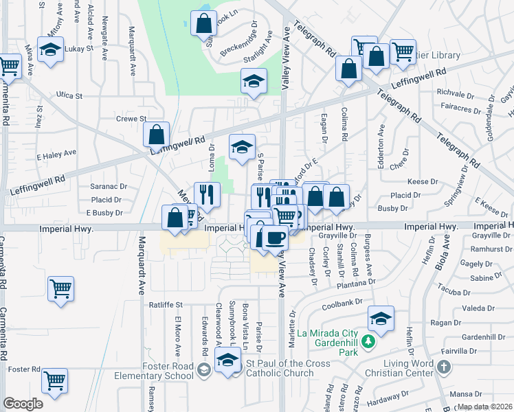 map of restaurants, bars, coffee shops, grocery stores, and more near 14119 East Busby Drive in Whittier