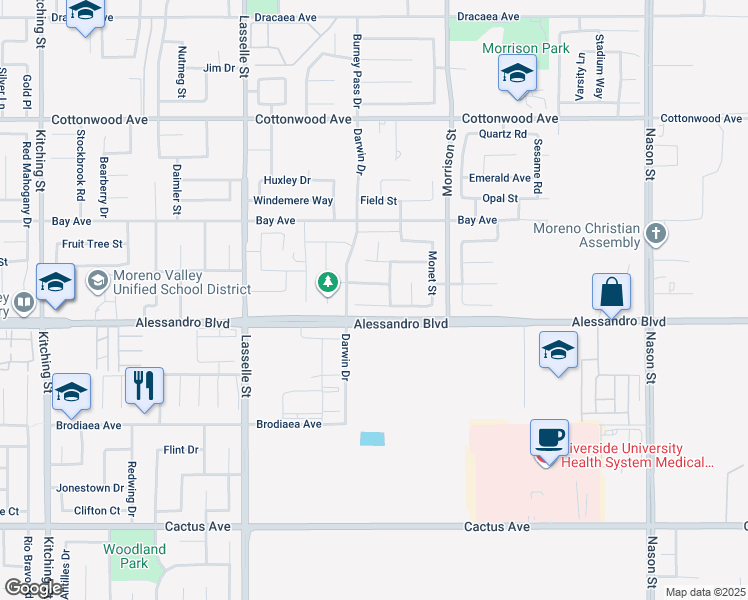 map of restaurants, bars, coffee shops, grocery stores, and more near 26338 Sequoia Street in Moreno Valley