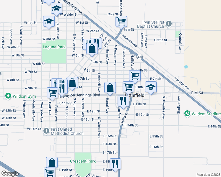 map of restaurants, bars, coffee shops, grocery stores, and more near 706 East 8th Street in Littlefield