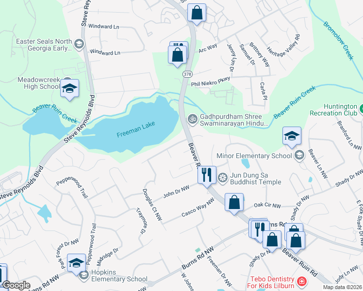 map of restaurants, bars, coffee shops, grocery stores, and more near 4386 Arcadia Drive Northwest in Norcross