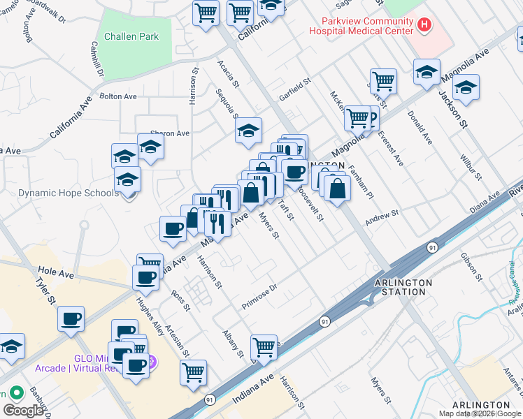 map of restaurants, bars, coffee shops, grocery stores, and more near 9706 Magnolia Avenue in Riverside