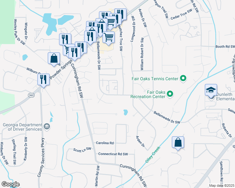 map of restaurants, bars, coffee shops, grocery stores, and more near 1328 Surrey Lane Southwest in Marietta