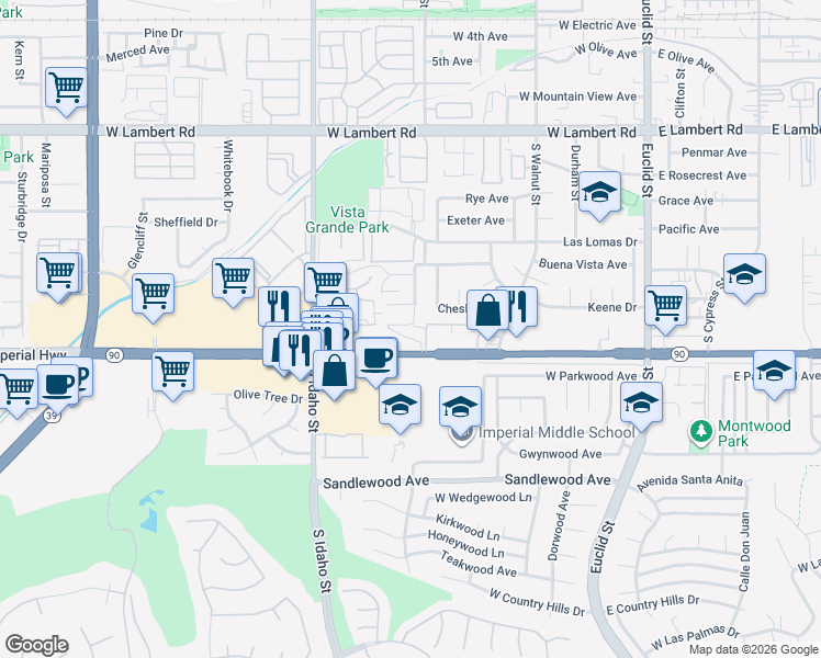 map of restaurants, bars, coffee shops, grocery stores, and more near 917 Del Sur Avenue in La Habra