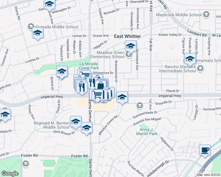 map of restaurants, bars, coffee shops, grocery stores, and more near 12406 Clearglen Avenue in Whittier