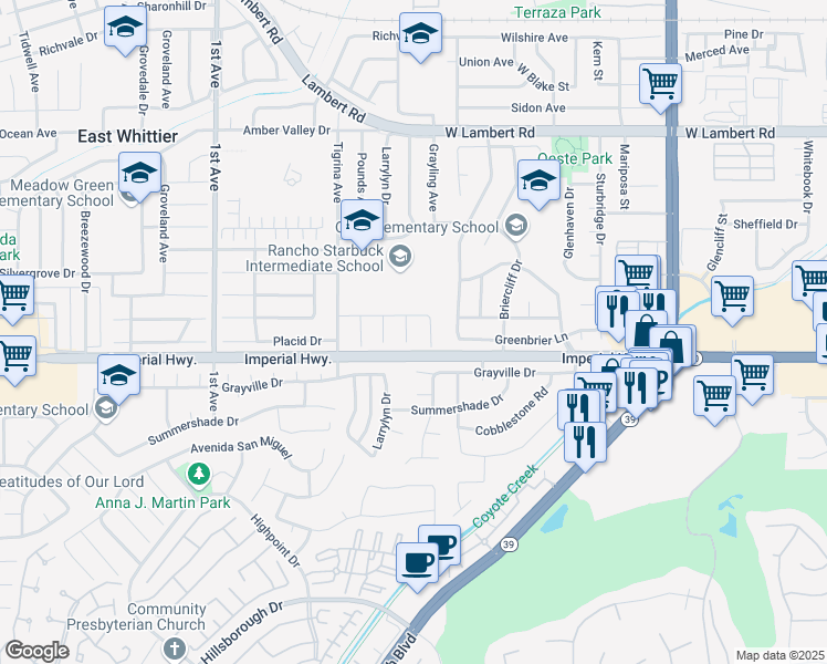 map of restaurants, bars, coffee shops, grocery stores, and more near 12414 Maybrook Avenue in Whittier