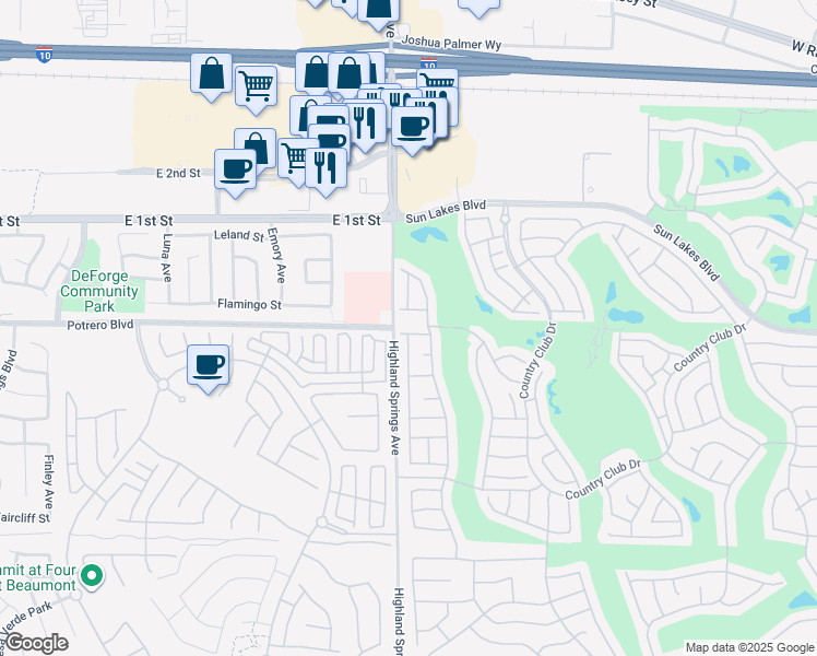 map of restaurants, bars, coffee shops, grocery stores, and more near 6339 Cherry Hill Avenue in Banning