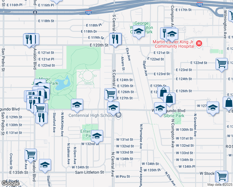 map of restaurants, bars, coffee shops, grocery stores, and more near 1202 East 126th Street in Los Angeles