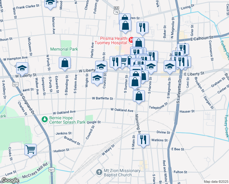 map of restaurants, bars, coffee shops, grocery stores, and more near 34 South Washington Street in Sumter
