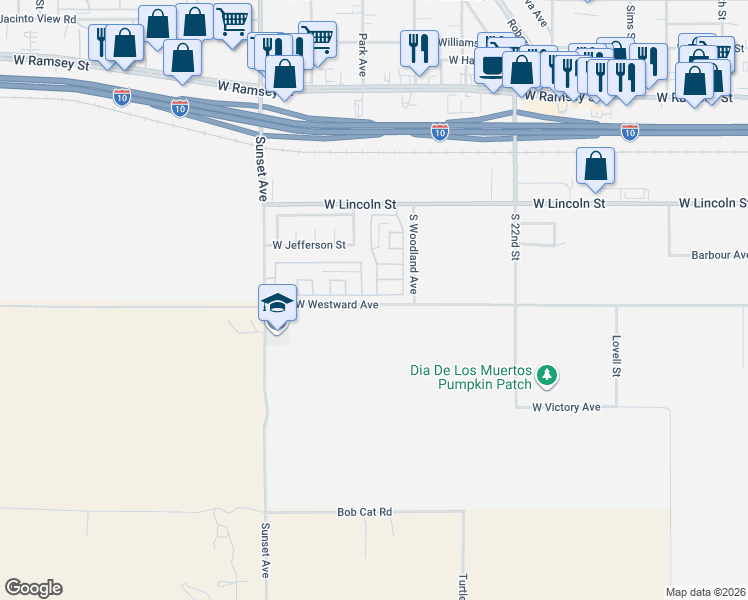 map of restaurants, bars, coffee shops, grocery stores, and more near 2754 Rainbow Lane in Banning