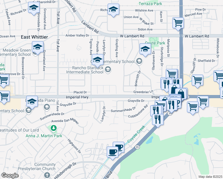 map of restaurants, bars, coffee shops, grocery stores, and more near 12414 Maybrook Avenue in Whittier