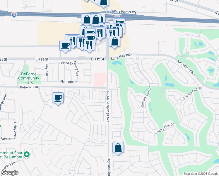 map of restaurants, bars, coffee shops, grocery stores, and more near 6383 Cherry Hill Avenue in Banning