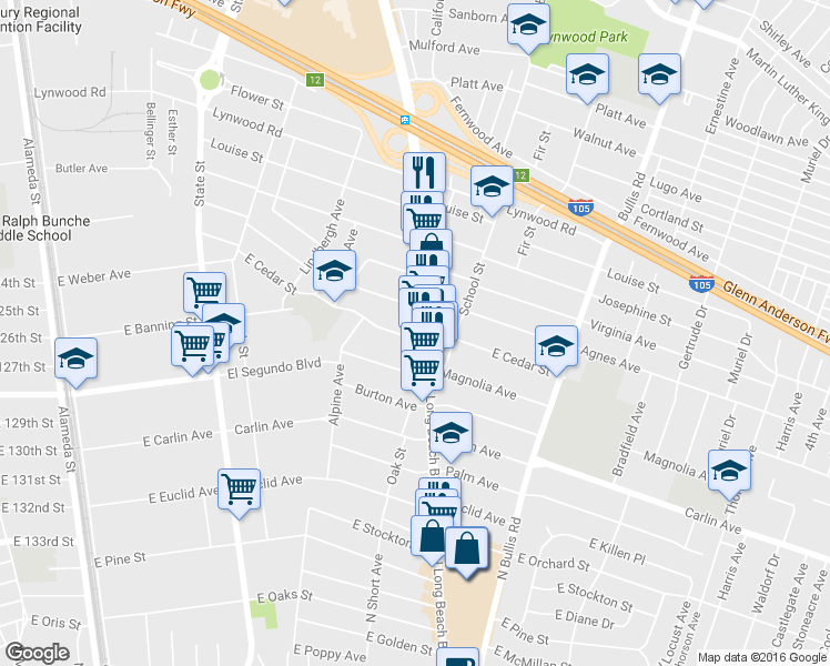 map of restaurants, bars, coffee shops, grocery stores, and more near 12039 Long Beach Boulevard in Lynwood