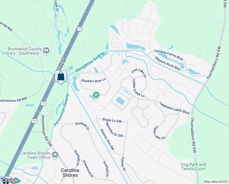 map of restaurants, bars, coffee shops, grocery stores, and more near 100 Calabash Lakes Boulevard in Calabash