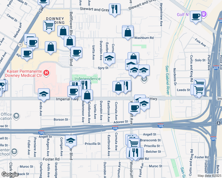 map of restaurants, bars, coffee shops, grocery stores, and more near 12417 Benedict Avenue in Downey