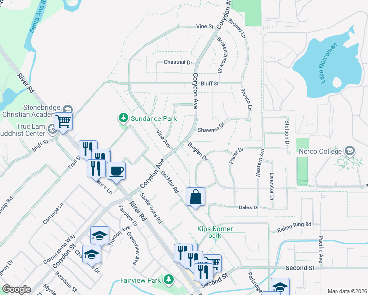 map of restaurants, bars, coffee shops, grocery stores, and more near 2605 Corydon Avenue in Norco