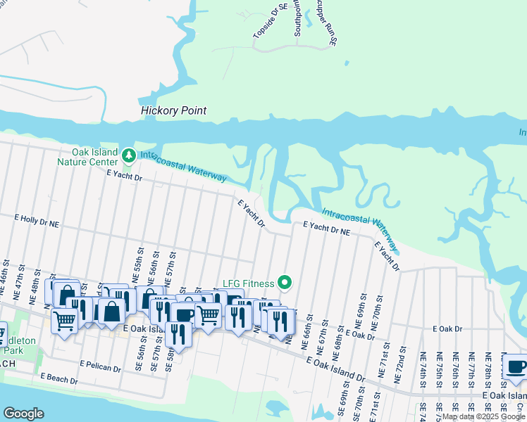 map of restaurants, bars, coffee shops, grocery stores, and more near 6202 East Yacht Drive in Oak Island