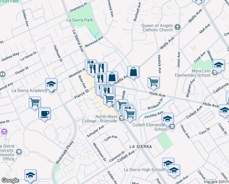 map of restaurants, bars, coffee shops, grocery stores, and more near 11023 Whitford Avenue in Riverside