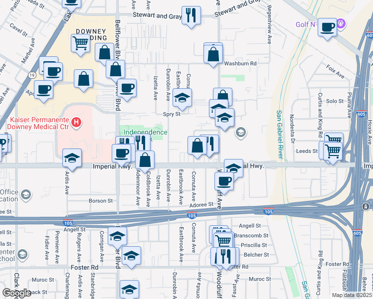 map of restaurants, bars, coffee shops, grocery stores, and more near 12429 Benedict Avenue in Downey