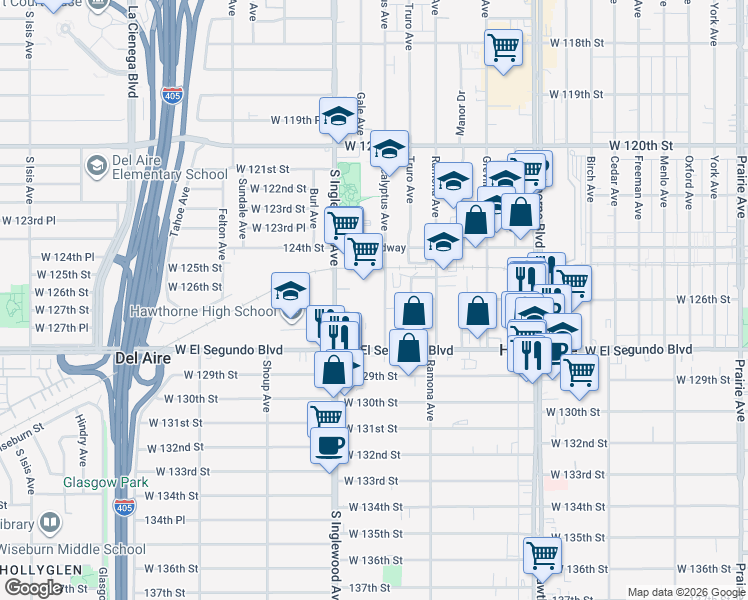 map of restaurants, bars, coffee shops, grocery stores, and more near 12603 Eucalyptus Avenue in Hawthorne