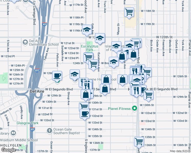 map of restaurants, bars, coffee shops, grocery stores, and more near 12615 Eucalyptus Avenue in Hawthorne
