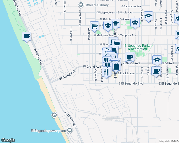 map of restaurants, bars, coffee shops, grocery stores, and more near 202 Whiting Street in El Segundo