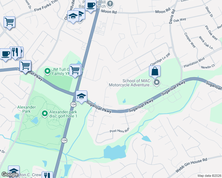 map of restaurants, bars, coffee shops, grocery stores, and more near 1119 Treymont Lane Southwest in Lawrenceville