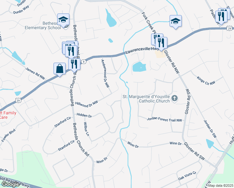 map of restaurants, bars, coffee shops, grocery stores, and more near 2952 Hillwood Drive Northwest in Lawrenceville
