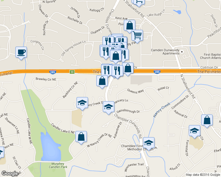 map of restaurants, bars, coffee shops, grocery stores, and more near 4298 Kingston Gate Cove in Chamblee