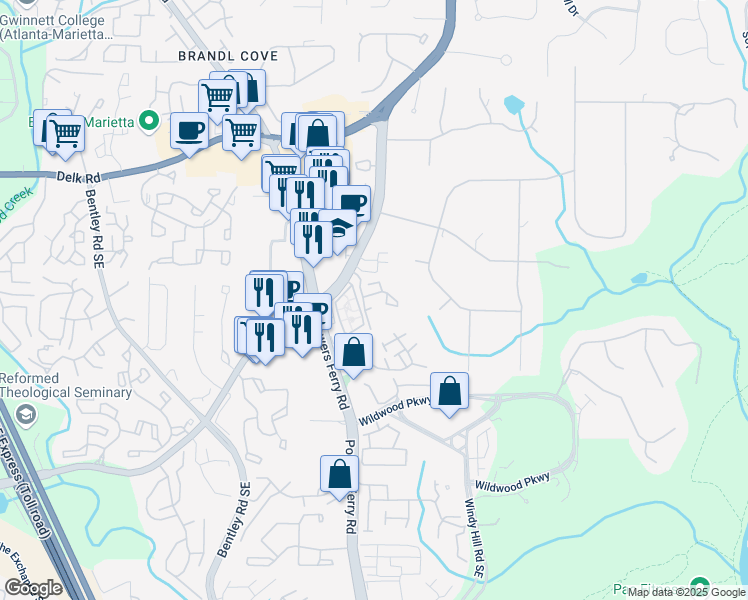 map of restaurants, bars, coffee shops, grocery stores, and more near 228 Smokerise Circle Southeast in Marietta