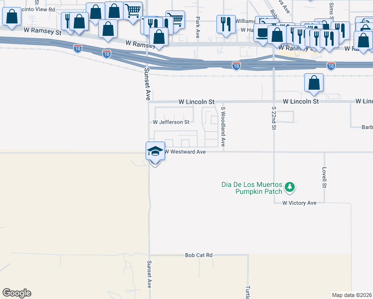 map of restaurants, bars, coffee shops, grocery stores, and more near 2880 Rainbow Lane in Banning