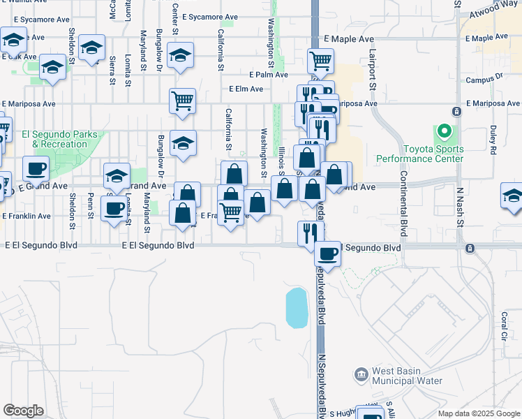map of restaurants, bars, coffee shops, grocery stores, and more near 222 Kansas Street in El Segundo