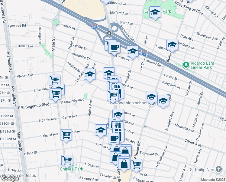 map of restaurants, bars, coffee shops, grocery stores, and more near 12039 Long Beach Boulevard in Lynwood