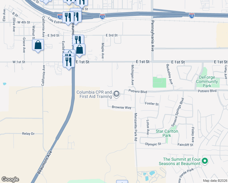 map of restaurants, bars, coffee shops, grocery stores, and more near 794 Targa Lane in Beaumont