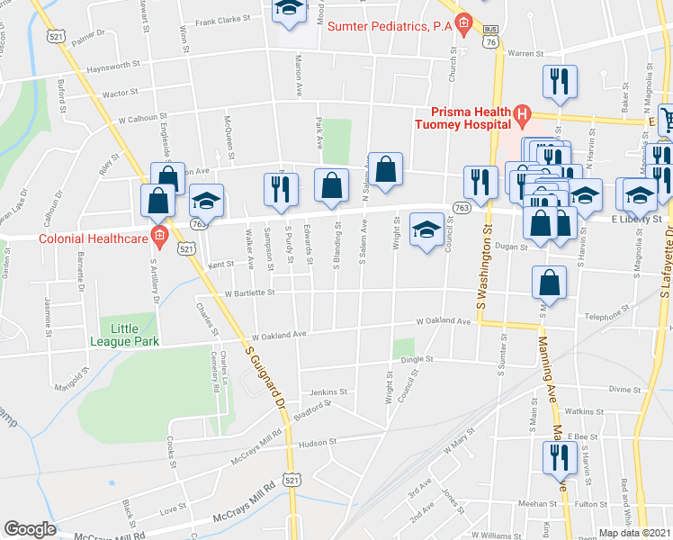 map of restaurants, bars, coffee shops, grocery stores, and more near 31 South Blanding Street in Sumter