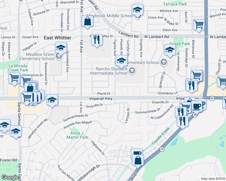 map of restaurants, bars, coffee shops, grocery stores, and more near 12419 Tigrina Avenue in Whittier