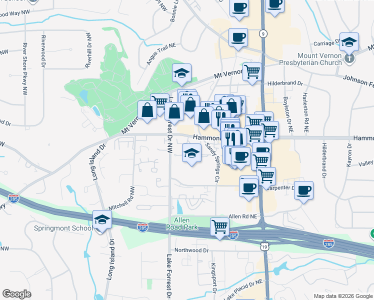map of restaurants, bars, coffee shops, grocery stores, and more near 90 Forrest Place Northeast in Atlanta