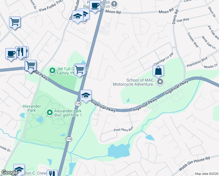 map of restaurants, bars, coffee shops, grocery stores, and more near 1122 Treymont Lane Southwest in Lawrenceville