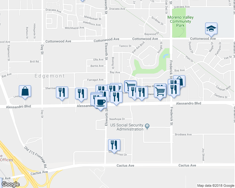 map of restaurants, bars, coffee shops, grocery stores, and more near 22561 Adrienne Avenue in Moreno Valley