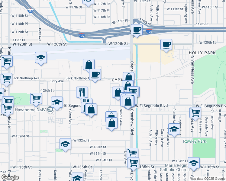 map of restaurants, bars, coffee shops, grocery stores, and more near 12600 Chadron Avenue in Hawthorne