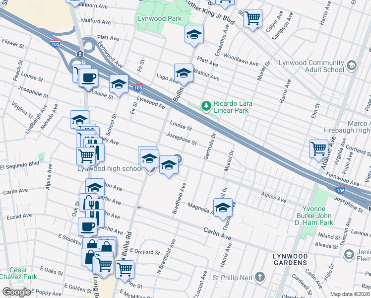map of restaurants, bars, coffee shops, grocery stores, and more near 3850 Virginia Avenue in Lynwood