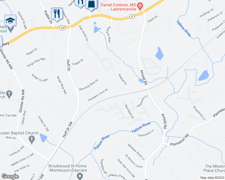 map of restaurants, bars, coffee shops, grocery stores, and more near 2255 Planters Cove Circle Northwest in Lawrenceville